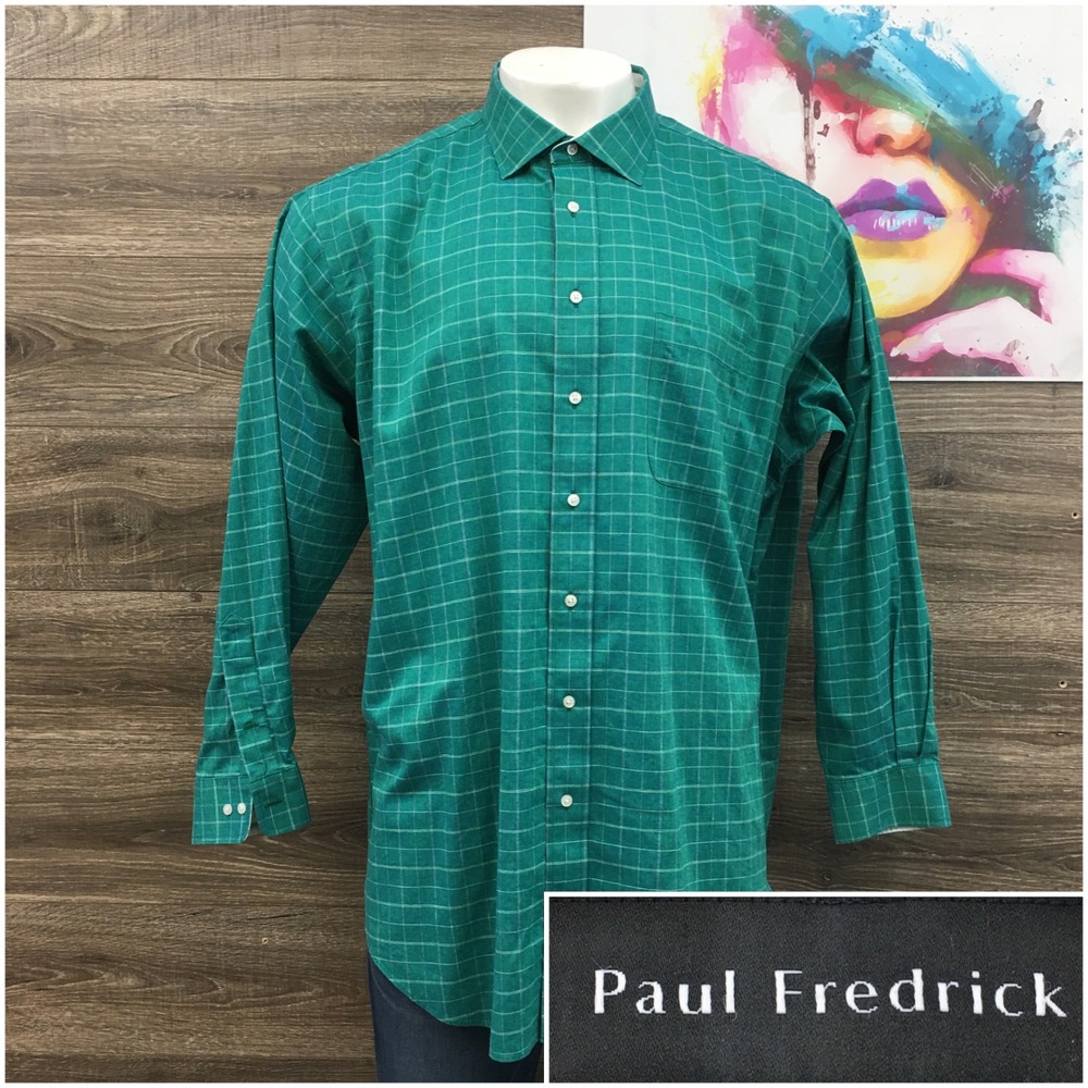 Paul Fredrick Mens 18 x 35 Green Windowpane Cotton Linen Classic Fit Dress Shirt